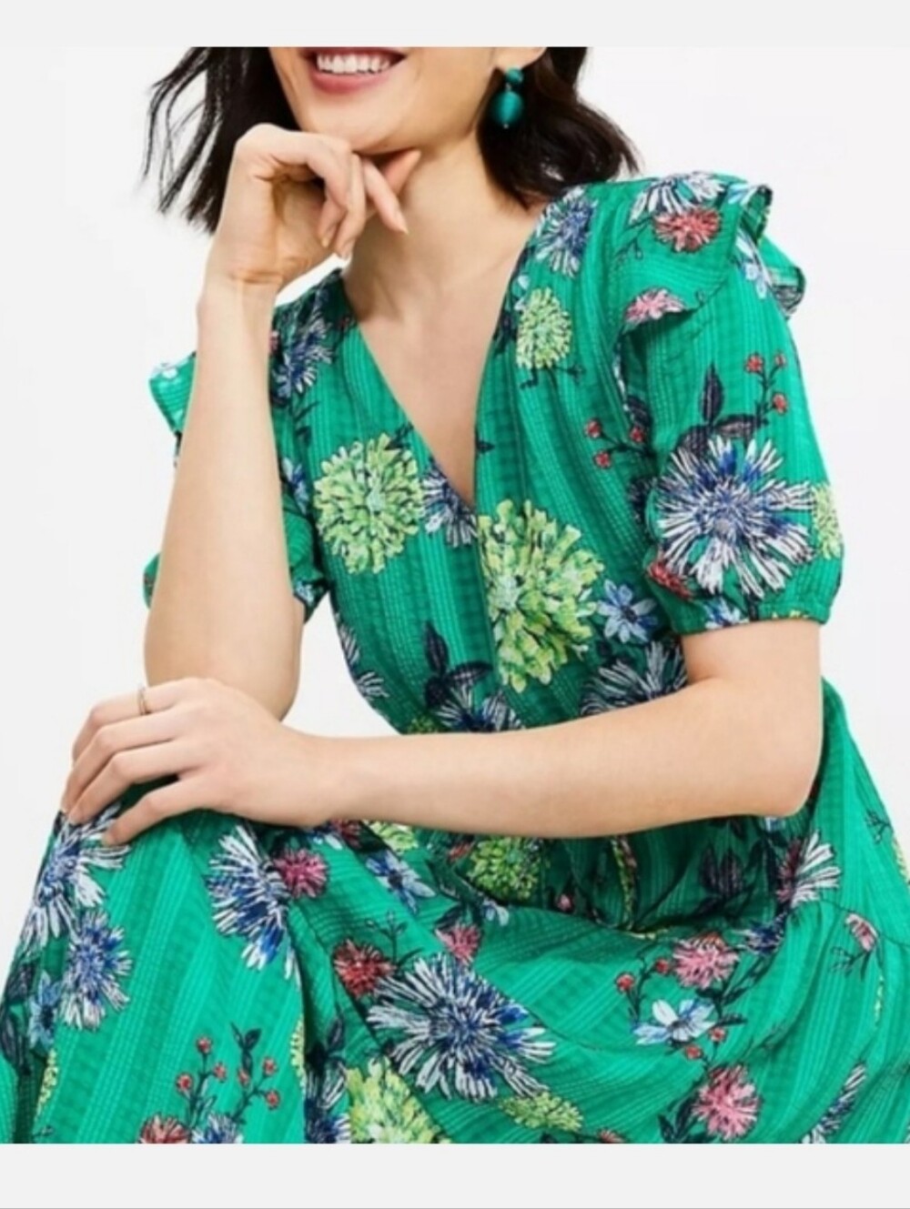 Nwot Medium LOFT Green Floral Tiered Midi Dress with Drawstring Waist